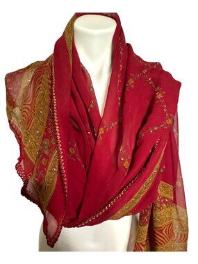 Vintage Firdous Cloth Mills Chiffon Collection Deep Red Floral Scarf 45 x 90